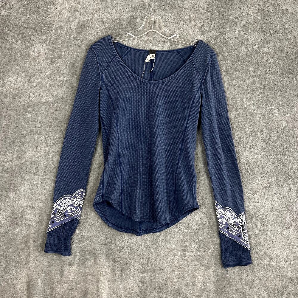 Free People‎ Bandana Cuff Waffle Knit Top Womens M Dusty Blue Boho Festival